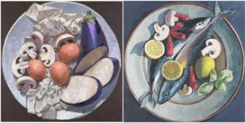 BRYN RICHARDS two oils on canvas - still-life of mushrooms and another of fish from the artist's '