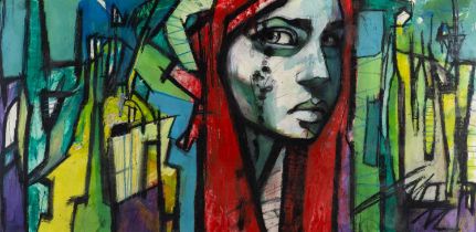 ‡ LUCINDA LYONS, mixed media - Red Head, 52 x 106cms Provenance: private collection Cardiff
