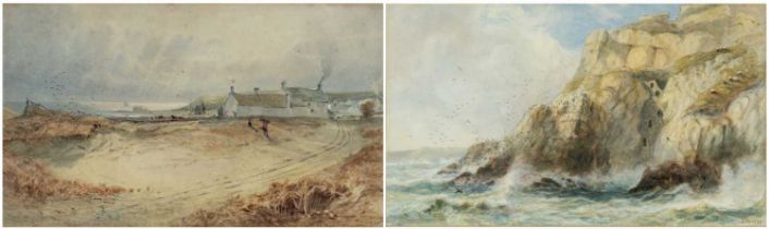 JAMES HARRIS OF SWANSEA (1847-1925), two watercolours - Sea Cliffs with stone ruin, sheep and
