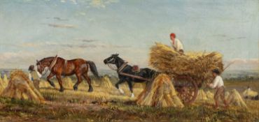 WILLIAM HENRY HOPKINS (1819-1894) oil on board, 'Haymaking', farmworkers loading a trumble cart with