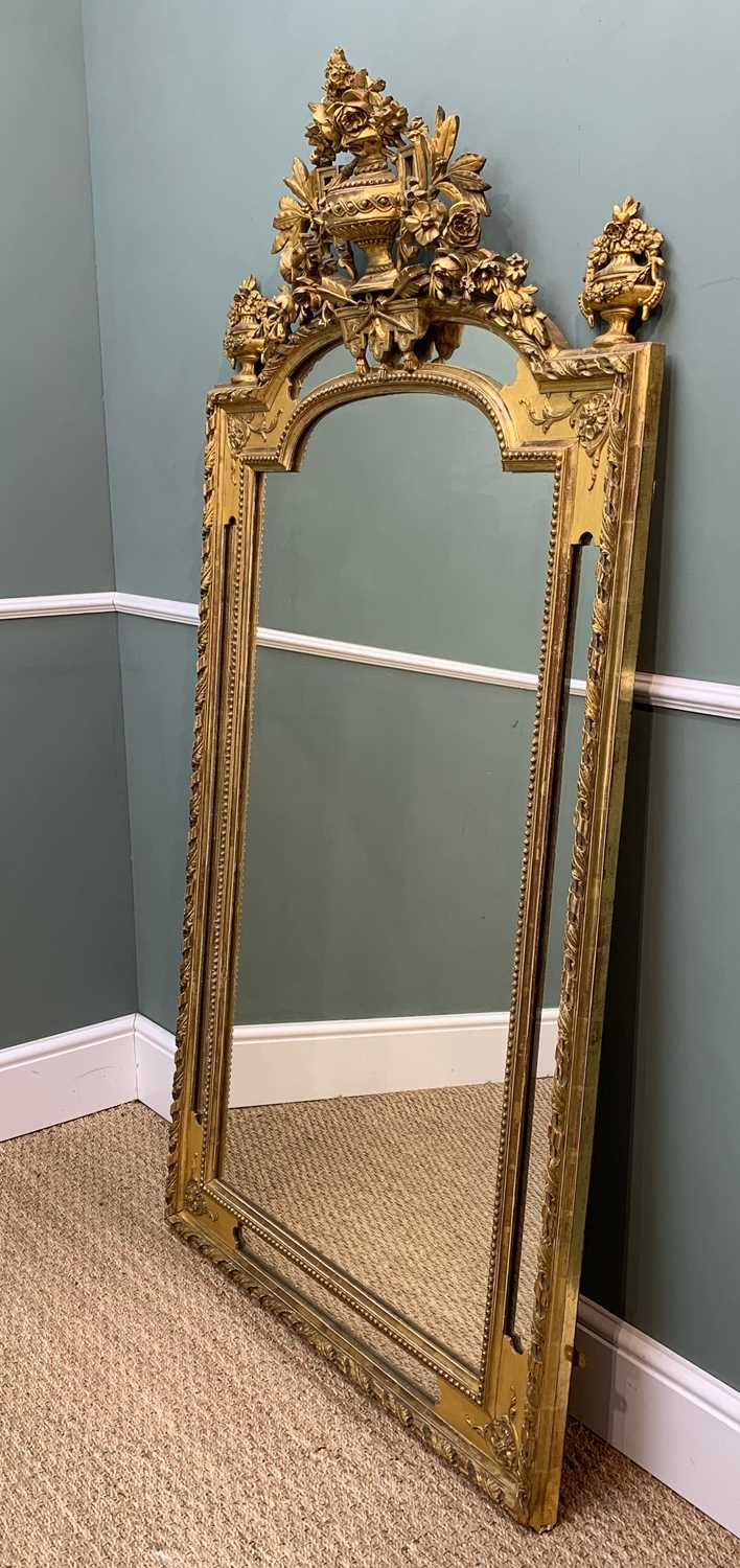 GEORGIAN STYLE GILT GESSO MARGINAL MIRROR, with flowering urn, trophy and rose spray crest and - Image 4 of 14