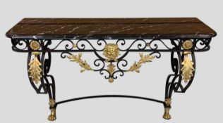 MODERN PAINTED METAL & MARBLE CONSOLE TABLE, veined black marble top on scrolled front supports with