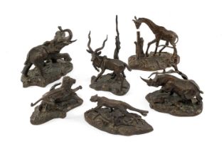 SET OF SIX BRONZE FRANKLIN MINT ANIMALS, comprising African Elephant, Cheetah, Black Rhinoceros,