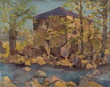 ‡ CHARLES WYATT WARREN early oil on board - river scene with trees and old mill building, signed, 39