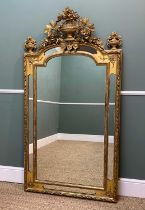 GEORGIAN STYLE GILT GESSO MARGINAL MIRROR, with flowering urn, trophy and rose spray crest and