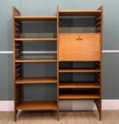 LADDERAX MODULAR TEAK WALL UNIT, three slatted uprights, nine shelves and fall-front bureau,