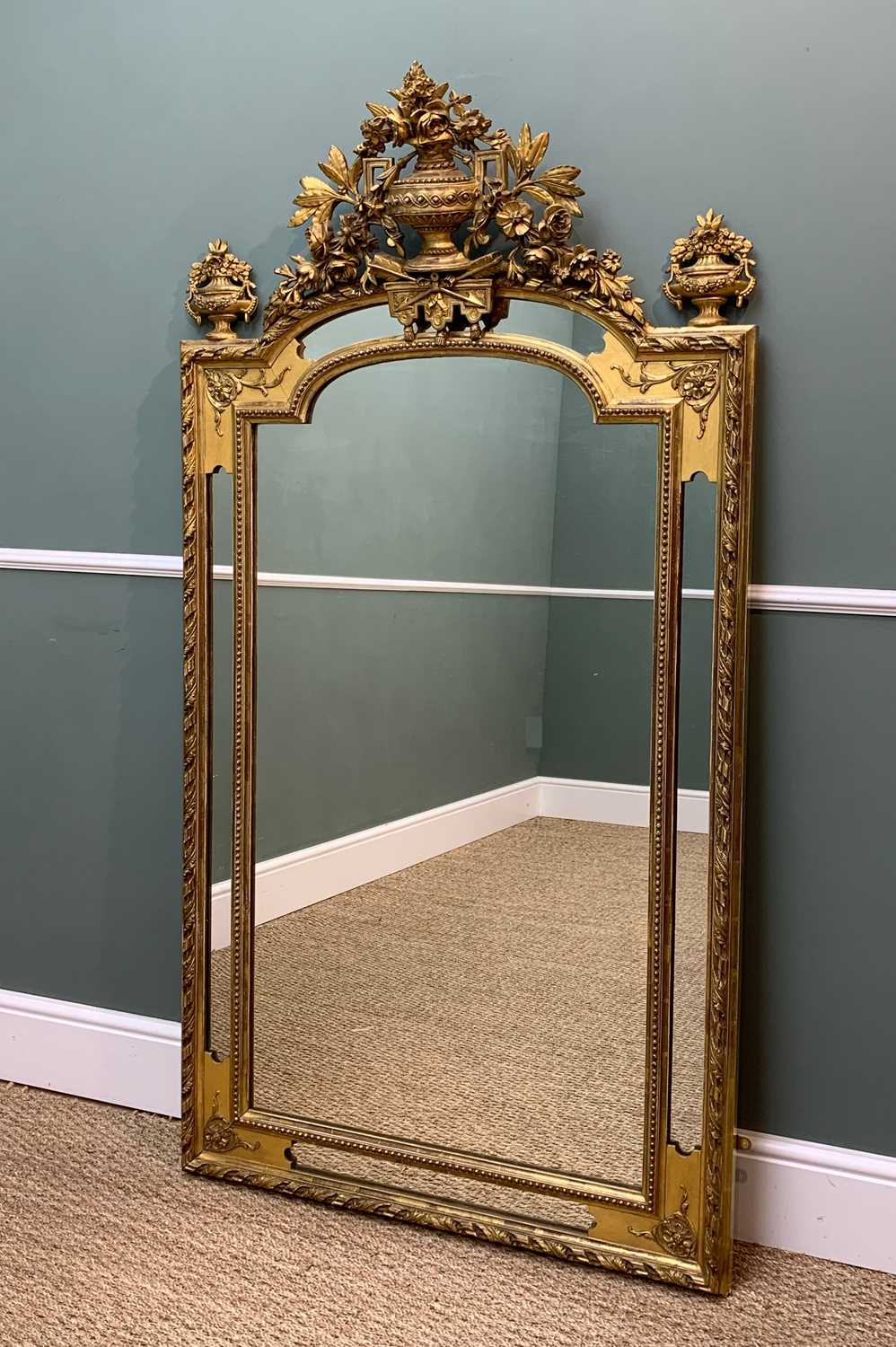 GEORGIAN STYLE GILT GESSO MARGINAL MIRROR, with flowering urn, trophy and rose spray crest and - Image 2 of 14