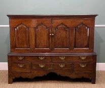 EARLY 19TH C. WELSH JOINED OAK MULE CHEST/CUPBOARD, shaped arch panelled front above arrangement 5