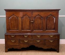 EARLY 19TH C. WELSH JOINED OAK MULE CHEST/CUPBOARD, shaped arch panelled front above arrangement 5