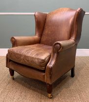 LAURA ASHLEY VICTORIAN STYLE LEATHER WINGBACK ARMCHAIR, loose cushion, turned fluted front legs,