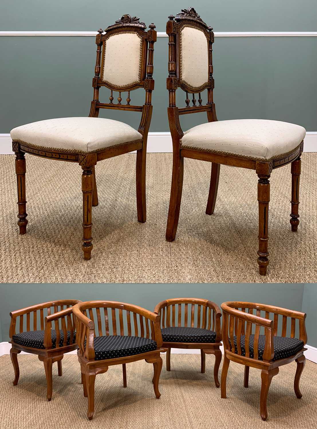 SET FOUR CHINESE HARDWOOD HORSESHOE CHAIRS, with loose cushions, and pair stained French style salon - Image 6 of 10