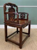 CHINESE HARDWOOD CARVED ARMCHAIR, late Qing Dynasty, probably Hongmu, pierced splat and sides carved