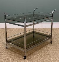 VINTAGE CHROME AND GLASS DRINKS TROLLEY, circa 1970s, smokey glass trays within rails, castors,