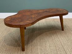 UNUSUAL SOUTH AMERICAN SHAPED HARDWOOD COFFEE TABLE, top carved in shallow relief with landscape,