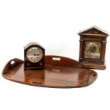 TWO CLOCKS AND BUTLERS TRAY, comprising architectural mantle clock with three train German