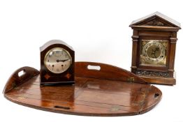 TWO CLOCKS AND BUTLERS TRAY, comprising architectural mantle clock with three train German