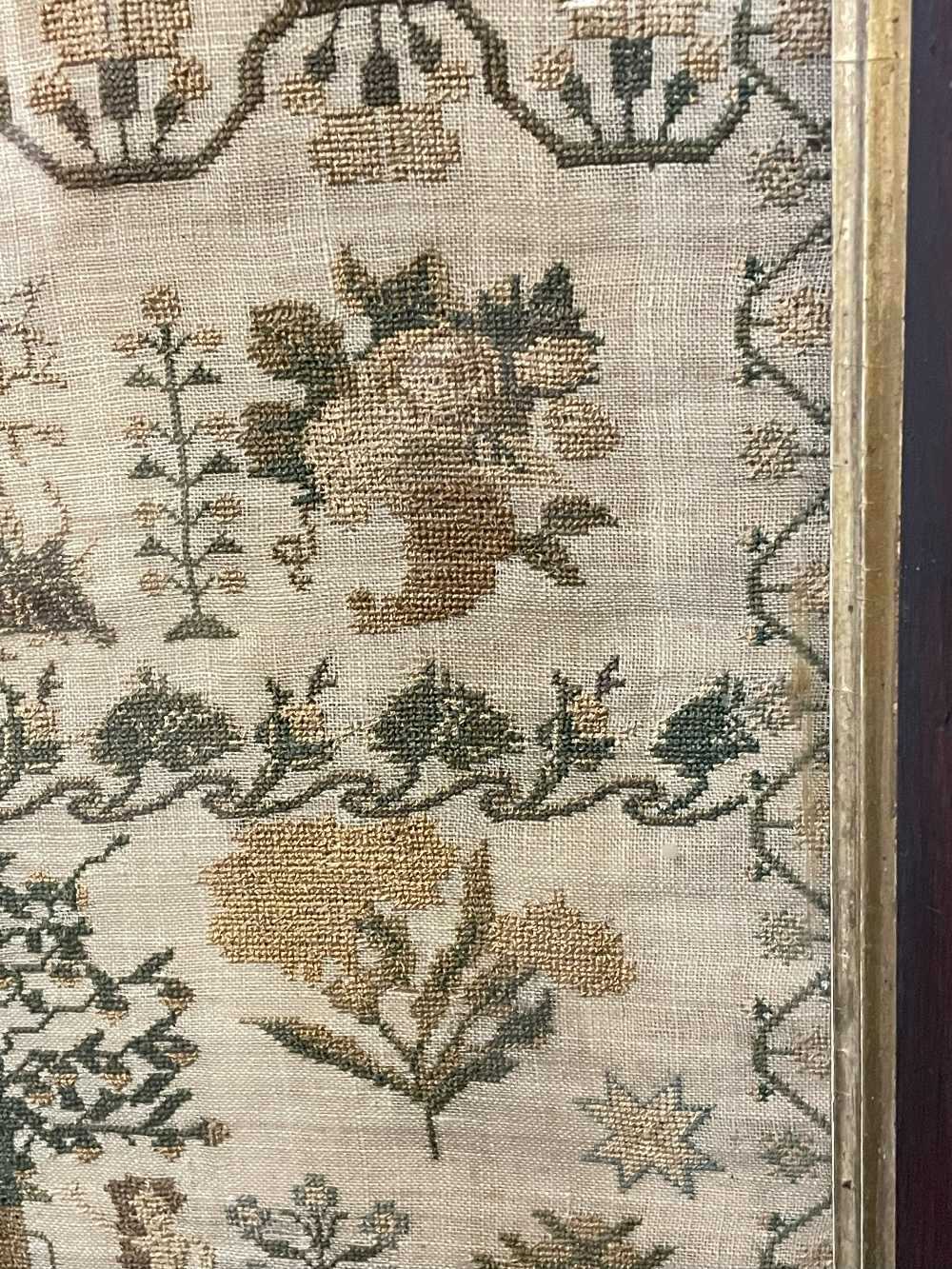 EARLY VICTORIAN NEEDLEWORK SAMPLER, by Susannah Terrington aged 10, dated 1842, decorated with - Image 3 of 15