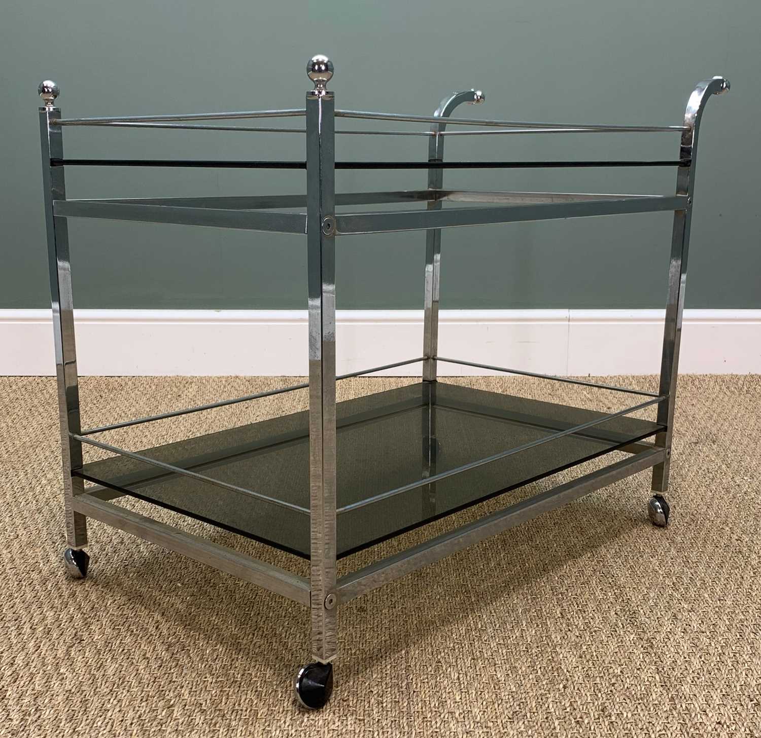 VINTAGE CHROME AND GLASS DRINKS TROLLEY, circa 1970s, smokey glass trays within rails, castors, - Image 3 of 3