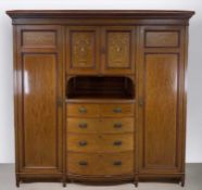 SHERATON STYLE MARQUETRY COMPACTUM, early 20th C., inlaid and strung, hanging spaces flanking slides