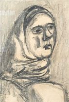 ‡ JOSEF HERMAN OBE RA charcoal on paper - head-portrait of female in head-scarf, entitled verso 'The