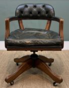 CAPTAIN'S LEATHER SWIVEL DESK CHAIR, mahogany frame, green button back and fitted loose cushion