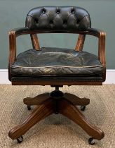 CAPTAIN'S LEATHER SWIVEL DESK CHAIR, mahogany frame, green button back and fitted loose cushion