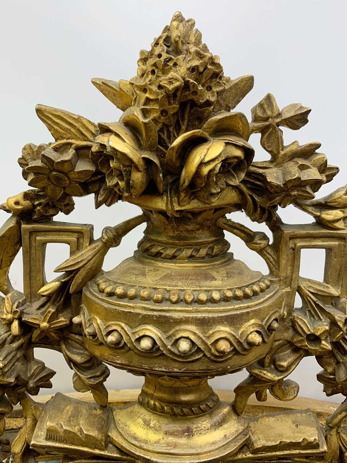 GEORGIAN STYLE GILT GESSO MARGINAL MIRROR, with flowering urn, trophy and rose spray crest and - Image 12 of 14