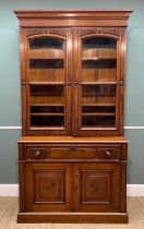 VICTORIAN MAHOGANY AND WALNUT SECRETAIRE BOOKCASE, door with raised panels, adjustable shelves,