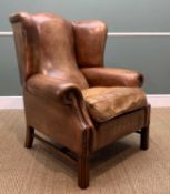 ANOTHER LAURA ASHLEY GEORGIAN STYLE LEATHER WINGBACK ARMCHAIR, moulded legs, loose cushion, 90cms (