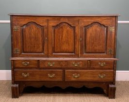 ANTIQUE JOINED OAK MULE CHEST, principally early 19th C., triple arch panelled cupboard front,