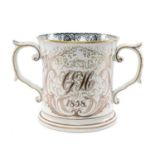 LARGE DATED STAFFORDSHIRE 'SPEED THE PLOUGH' LOVING CUP, dated 1858 and monogrammed 'GH', black