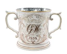 LARGE DATED STAFFORDSHIRE 'SPEED THE PLOUGH' LOVING CUP, dated 1858 and monogrammed 'GH', black