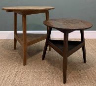 TWO ANTIQUE CRICKET TABLES, small oak two-tier table, 58h x 58cms dia., pine two-tier table, 72h x