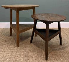 TWO ANTIQUE CRICKET TABLES, small oak two-tier table, 58h x 58cms dia., pine two-tier table, 72h x