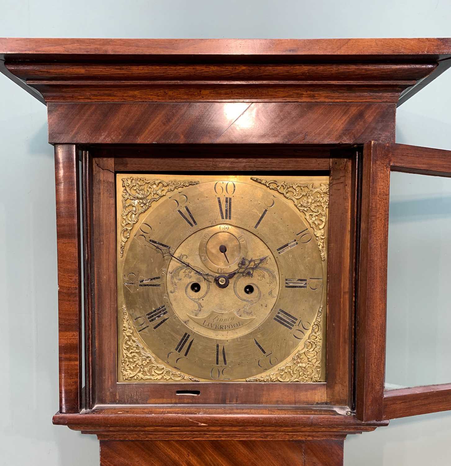 ANTIQUE 8-DAY LONGCASE CLOCK, dial signed 'Finney, Liverpool' on plaque, 13" brass roman and - Image 3 of 8