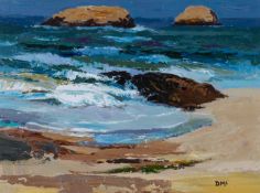‡ DONALD McINTYRE oil on board - entitled verso, 'Sea with Rocky Islands', signed with initials,