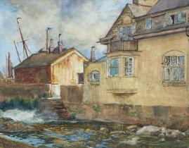 HENRY MEYNELL RHEAM (1859-1920) watercolour - Harbour buildings with masts in the background,