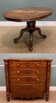 VICTORIAN BOWFRONT CHEST & LOO TABLE, the chest of walnut with outset corners on pilasters, 128 (