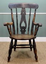 19TH C. WELSH BEECH LATHE-BACK ARMCHAIR, probably Vale of Glamorgan, inverted heart shaped splat,