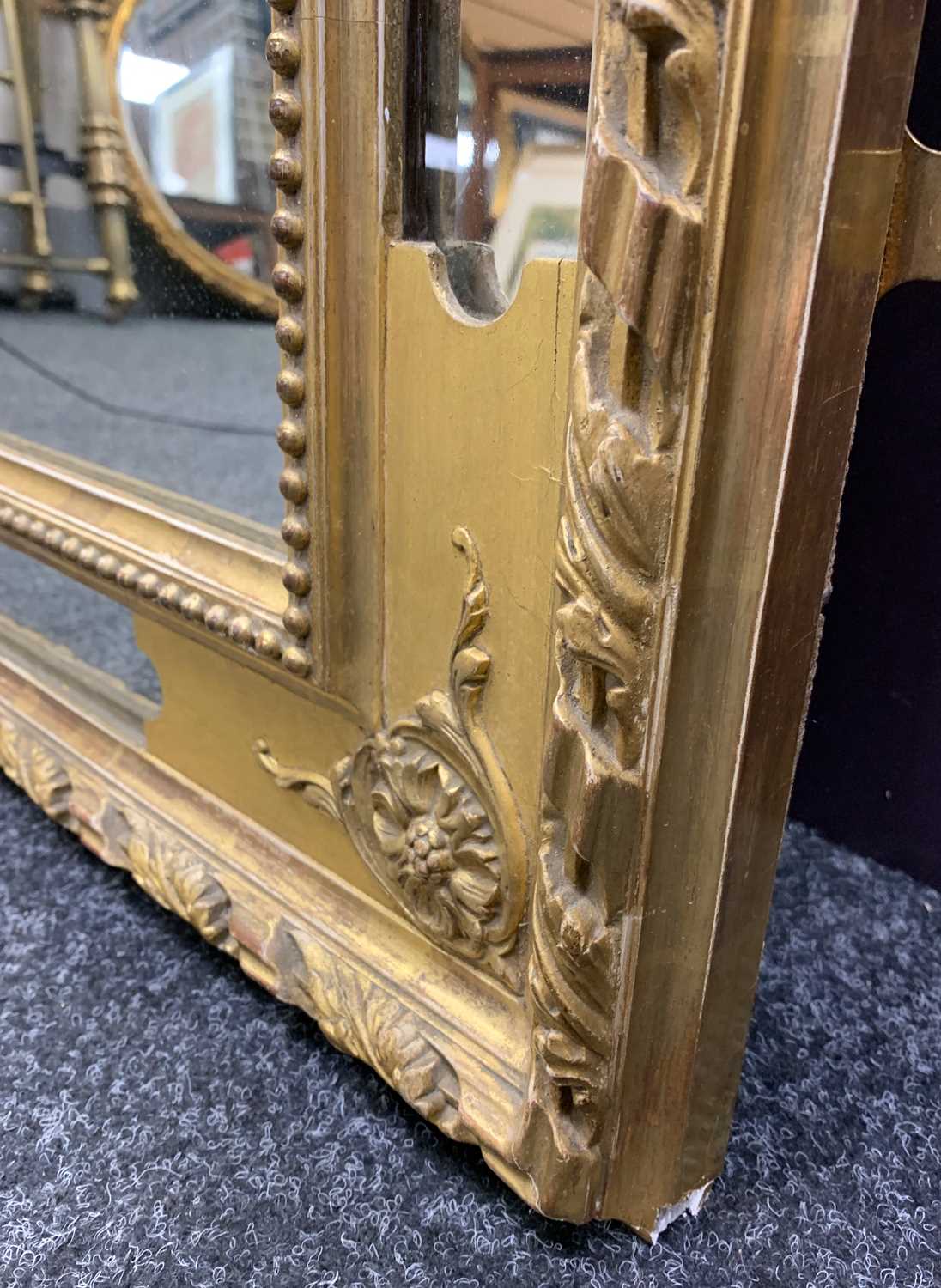 GEORGIAN STYLE GILT GESSO MARGINAL MIRROR, with flowering urn, trophy and rose spray crest and - Image 11 of 14