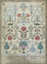 ANTIQUE NEEDLEWORK SAMPLER, decorated with dogs, birds, figures, trees, decorative border,