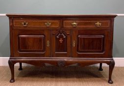 LATE 19TH C. MAHOGANY AND PARQUETRY SIDEBOARD, two frieze drawers above cupboards and shell-carved