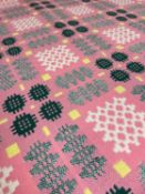 VINTAGE TRADITIONAL WELSH WOOLLEN BLANKET with yellow and green geometric design to a pink ground,