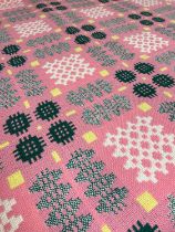 VINTAGE TRADITIONAL WELSH WOOLLEN BLANKET with yellow and green geometric design to a pink ground,