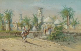 Y. GIANNI (Italian, early 20th C.) gouache - Camel outside mosque in north Africa, signed, 30 x