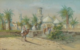 Y. GIANNI (Italian, early 20th C.) gouache - Camel outside mosque in north Africa, signed, 30 x