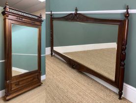 TWO MAHOGANY WALL MIRRORS, one with spindle turned 'gallery' top, 240 x 140cms, the other with
