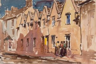 ‡ WILL EVANS watercolour - street of terraced houses with figures, 39 x 57cms Provenance: private