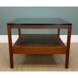 MID CENTURY MODERN COFFEE TABLE, afromosia and black laminate top, platform undertier, 59 (h) x 76 x