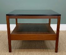 MID CENTURY MODERN COFFEE TABLE, afromosia and black laminate top, platform undertier, 59 (h) x 76 x